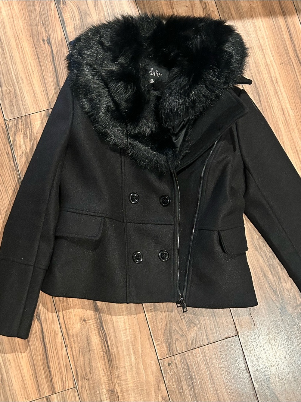 Black Faux-Fur Trim Double-Breasted Pea Coat